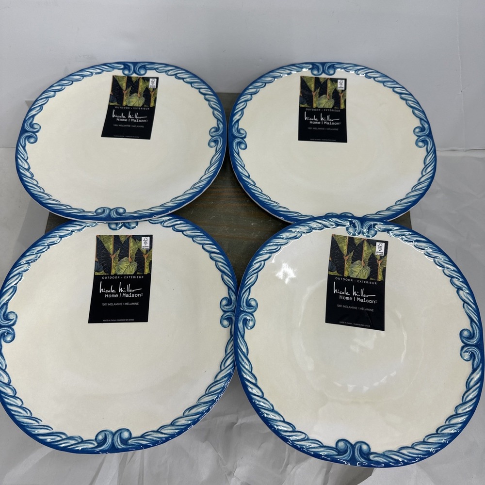 4 Nicole Miller Blue Scroll Border 9" Melamine Salad Plates NWT luncheon Set